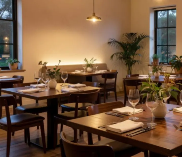 Elegant bistro grill interior with open fire and linen-dressed tables
