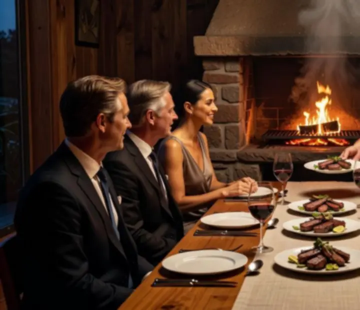 Chef presenting a plated dish to guests seated at an intimate chef's table