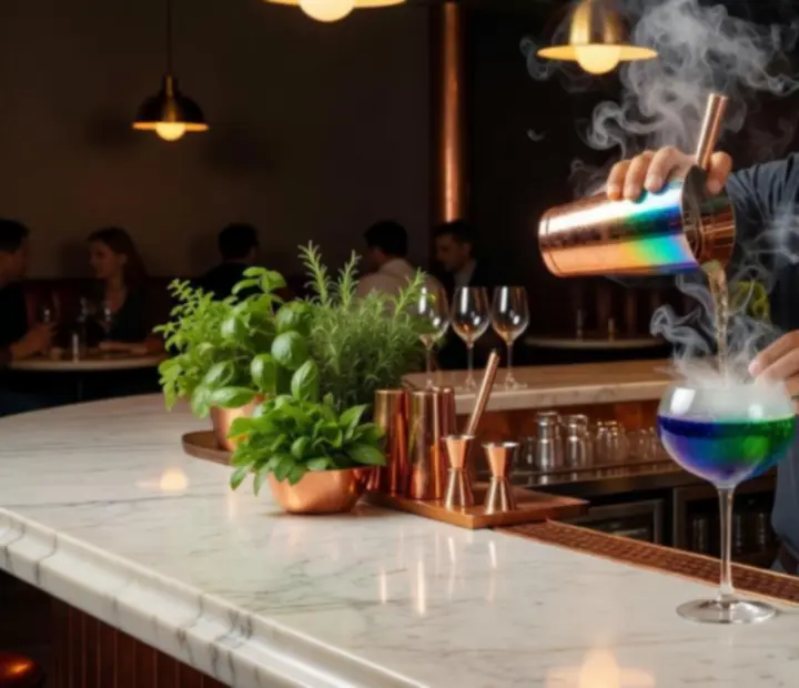 Evening cocktail bar with warm lighting and crystal glassware at Hearthandholdem