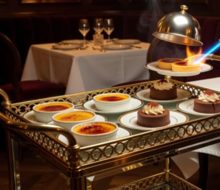 Dessert cart being presented table-side at Hearthandholdem