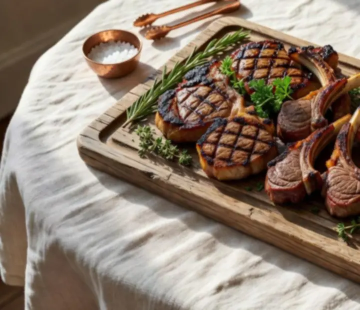 Platter of grilled meats resting on a wooden board at Hearthandholdem