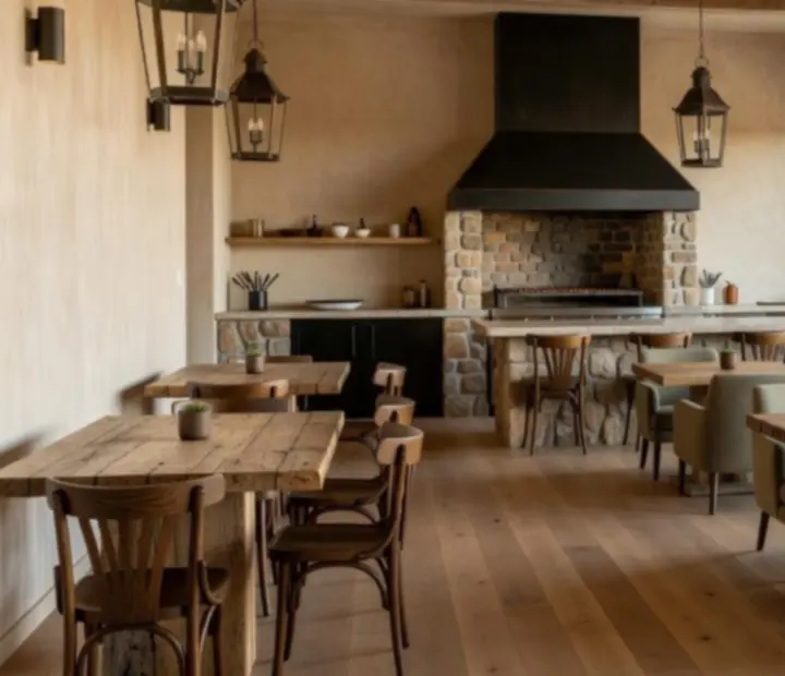 Light-filled grillhouse interior with ivory walls, timber details and linen-dressed tables.