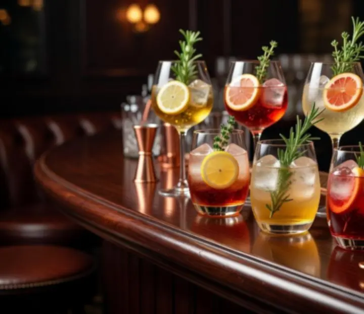 Close-up of refined cocktails prepared for guests in The Hold'em Lounge.