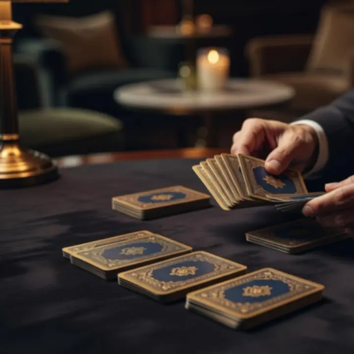 A poised hand holding cards above a timber table in The Hold'em Lounge.