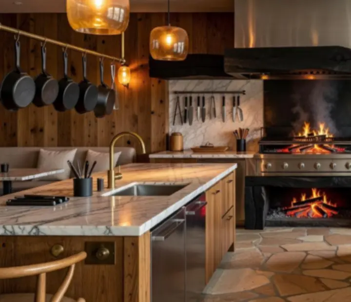Open woodfired grill kitchen with glowing embers and chefs preparing dishes.