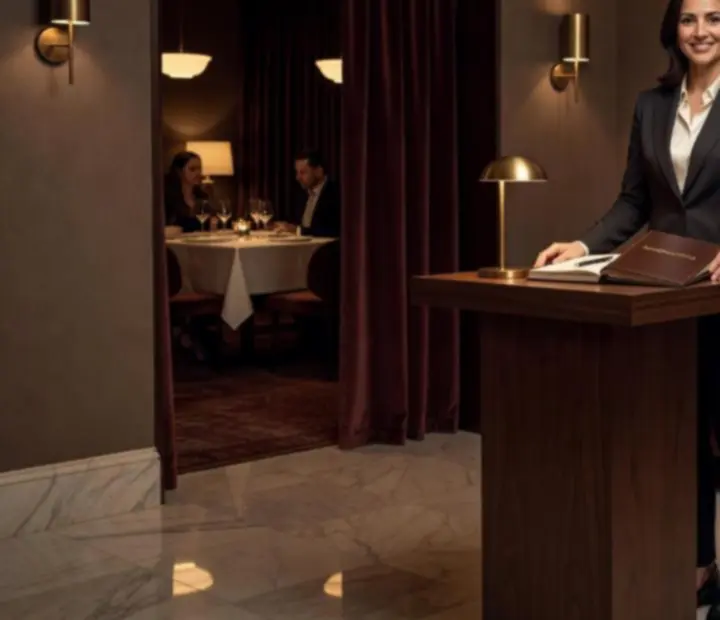A dedicated reservation host standing in a softly lit bistro interior